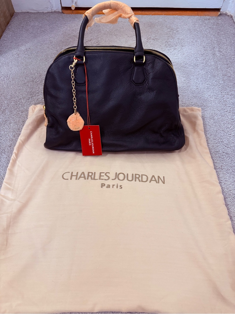 Charles Jourdan Black Pebbled Leather Dome Satchel with Gold Accents